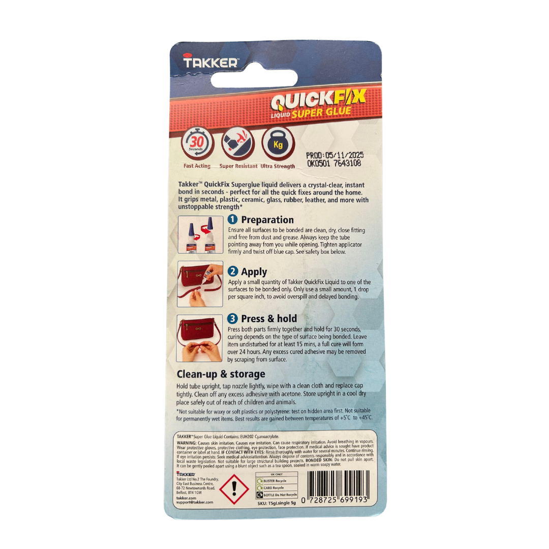 Takker QuickFix Liquid Super Glue — Fast-Acting, Ultra-Strong Universal Adhesive (5g)